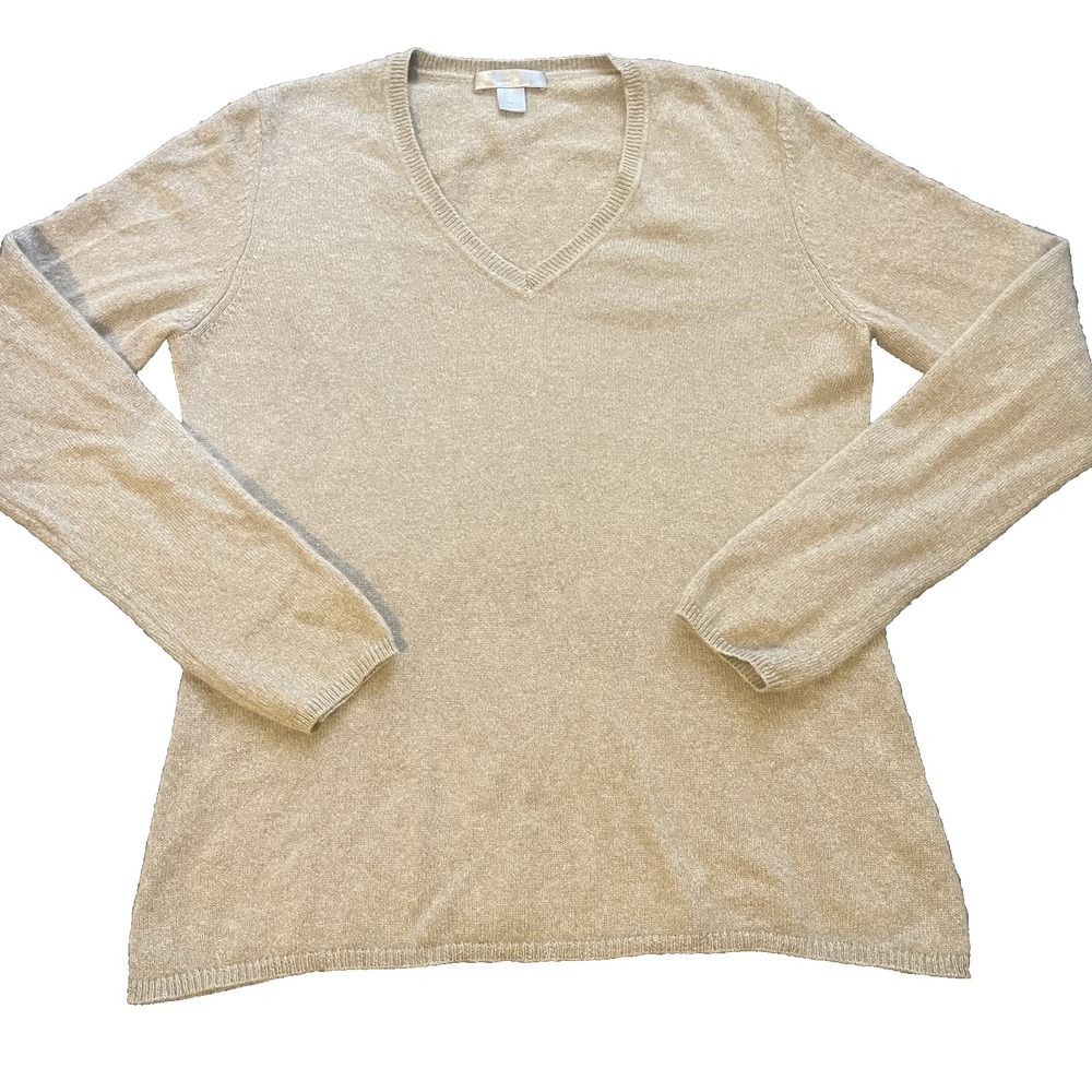 charter club 100% cashmere M v neck long sleeve beige sweater quiet luxury